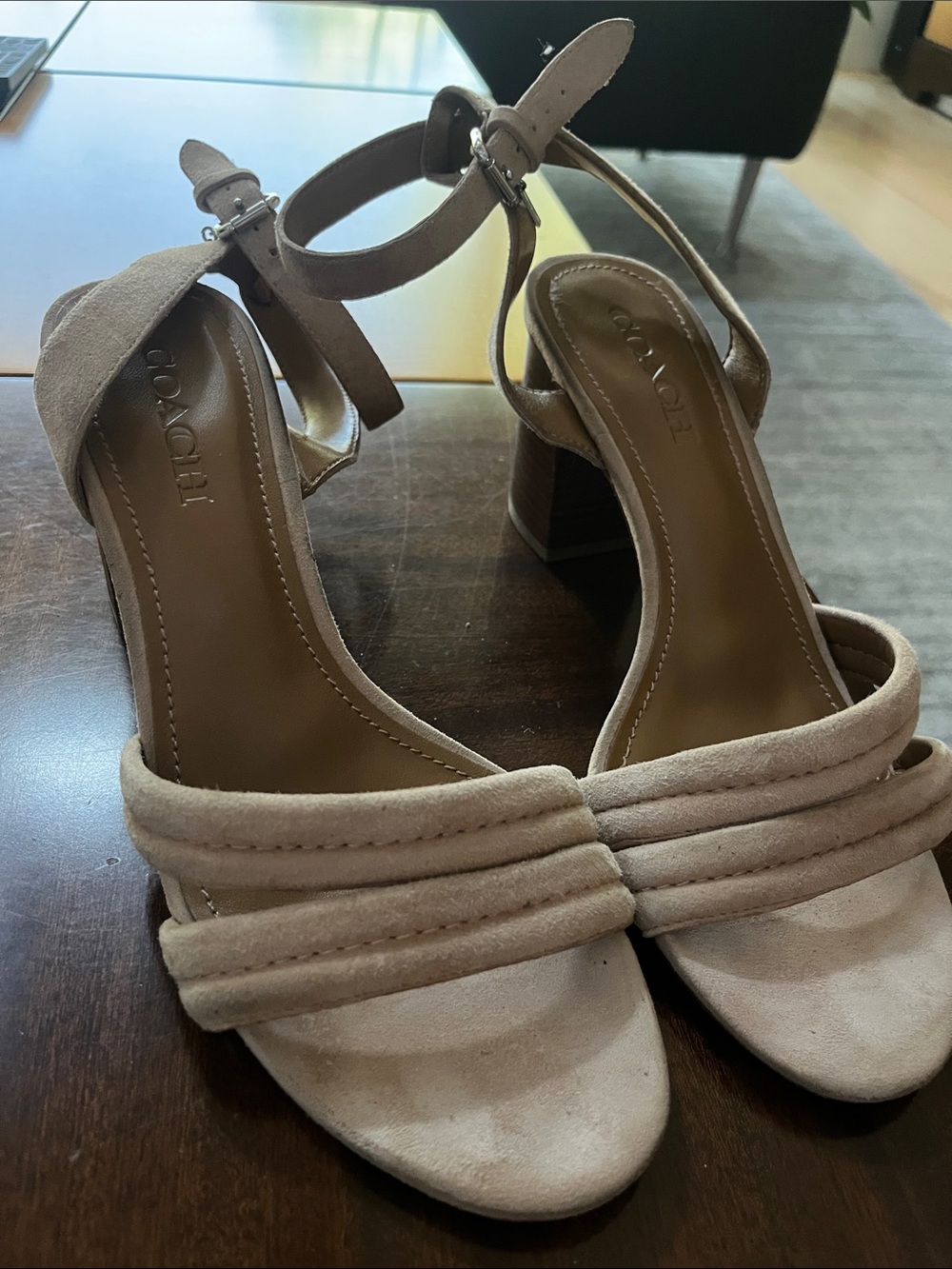 Coach Nude Suede Ankle-Strap Block Heel Sandals
